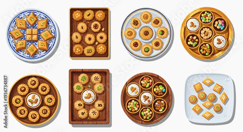 Assorted pastries and desserts displayed on various plates and trays from an overhead viewpoint