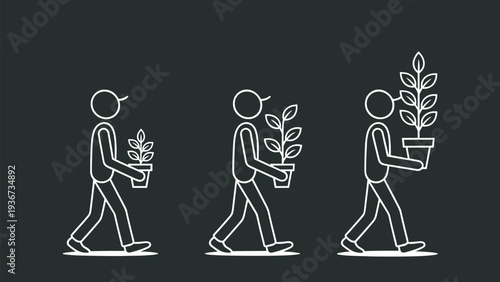 People carrying potted plants line icons, gardening concept minimal outline vector set isolated