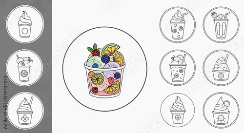 Colorful dessert icons with a prominent fruit salad illustration surrounded by various dessert-themed graphics