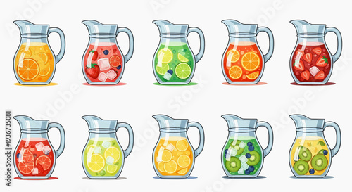 Collection of colorful jugs filled with various fruits and drinks on a transparent background, high-quality digital illustration, img_hq6kb1_fx.svg reference