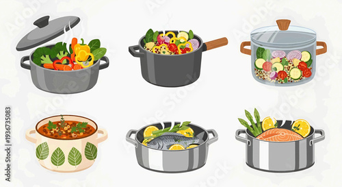 Assorted pots and pans filled with various foods, including vegetables and meats, displayed from a straightforward viewpoint.