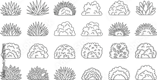 Collection of twenty black and white bush and shrub illustrations in diverse styles, representing landscape design, botanical elements, gardening, foliage, nature, and decorative plant concepts.
