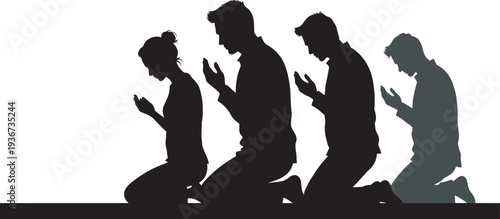 People praying silhouettes, man and woman kneeling prayer spiritual worship faith and religion concept illustration