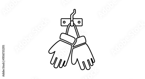 Pair of Warm Winter Gloves Hanging on a Hook, Isolated White Background.
