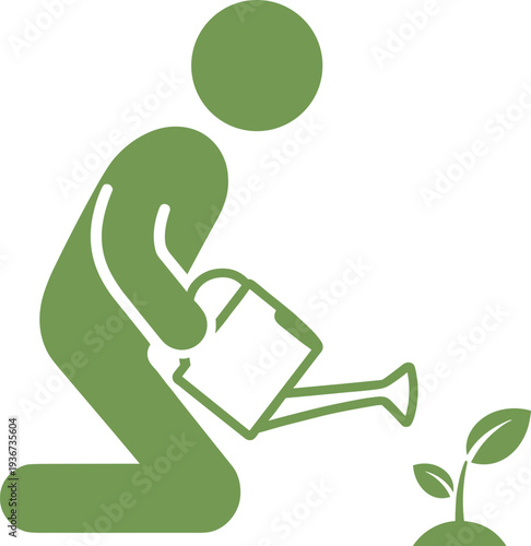 Person watering young plant icon, eco gardening symbol promoting environmental care and sustainable growth concept