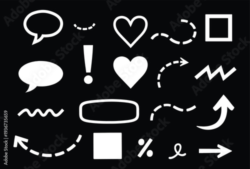 Collection of white chat and editing symbols on a black background