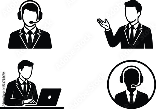 customer service representative icon set, call center support agent headset operator business communication vector illustration silhouette collection