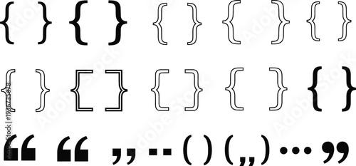 Curly brackets, square brackets and quotation marks punctuation icon set vector illustration for coding, programming, typography and text formatting symbols collection