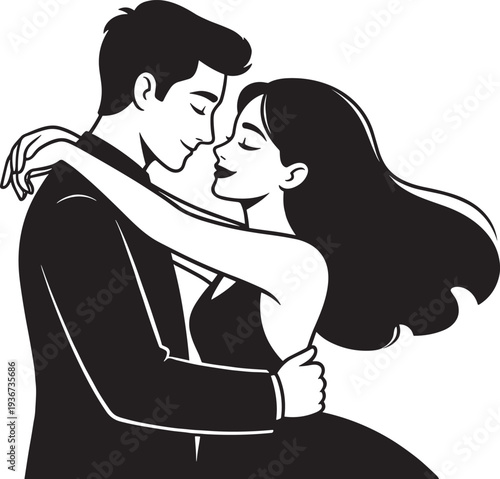 Romantic couple hugging and kissing silhouette, love relationship affection passion romantic moment vector illustration