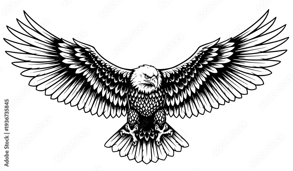 Obraz premium Majestic flying eagle black and white vector illustration detailed wings spread bird emblem design