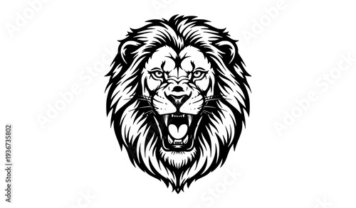 Powerful roaring lion head black and white vector illustration bold line art wild animal mascot design