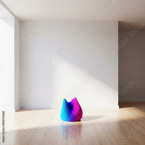 Minimalist contemporary room setting with clean white walls, bright natural daylight, and smooth wooden flooring, perfect for product placement, light, studio, room