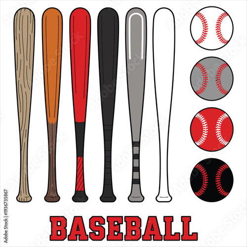 Baseball bats and balls collection with text sport