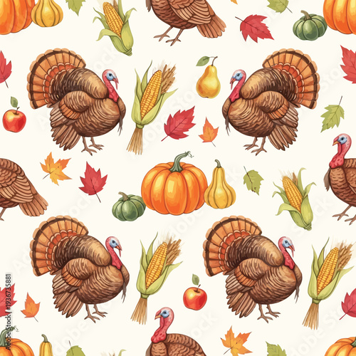 A colorful autumn pattern featuring turkeys, pumpkins, and leaves on a white background with seasonal fruits and vegetables for Thanksgiving.