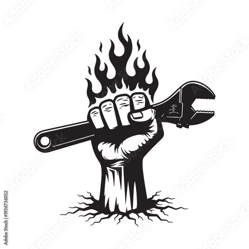 A powerful fist emerges from the ground holding a wrench surrounded by flames