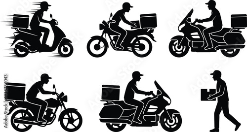 delivery courier riding motorcycle silhouette set, fast food delivery service rider transport logistics vector illustration collection