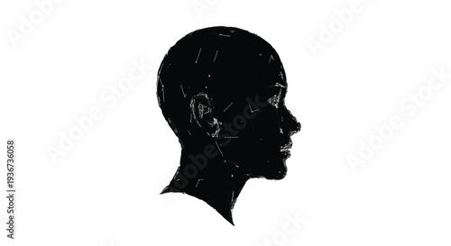 Striking graphic illustration of a human head in profile, a bold black silhouette embodying deep thought, identity, and inner reflection