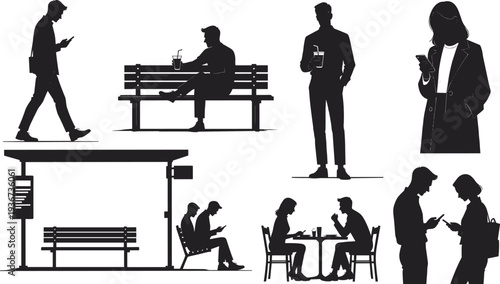 Urban people silhouettes set, walking texting sitting cafe conversation city lifestyle isolated black vector collection