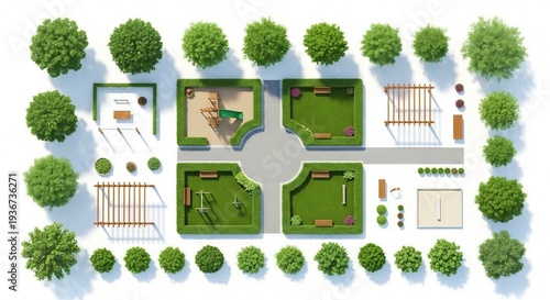 Top view park landscape design layout with playground benches pergola and trees