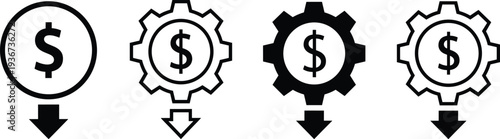 Dollar sign icons with downward arrows in varied gear and circle designs, symbolizing cost reduction, savings, financial planning, economic decline, investment, and business concepts.