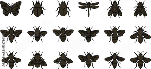Insect Silhouette Icon Set Featuring Bee Butterfly Beetle Dragonfly and Fly Collection Isolated on White Background for Nature Education Graphic Design