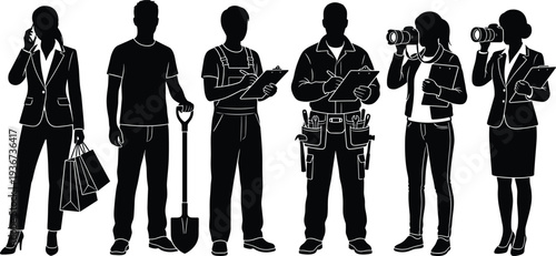 diverse professionals silhouettes set, different occupations including businesswoman worker photographer engineer and construction worker representing workforce diversity concept