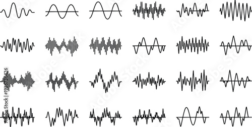 Waveform icon collection with sinusoidal, jagged, and complex oscillations, vector signal illustrations for audio, physics, and communication design.