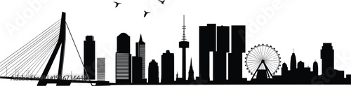Rotterdam City Skyline Silhouette Featuring Erasmus Bridge and Euromast Tower Isolated on White Background for Netherlands Urban Travel Design Projects