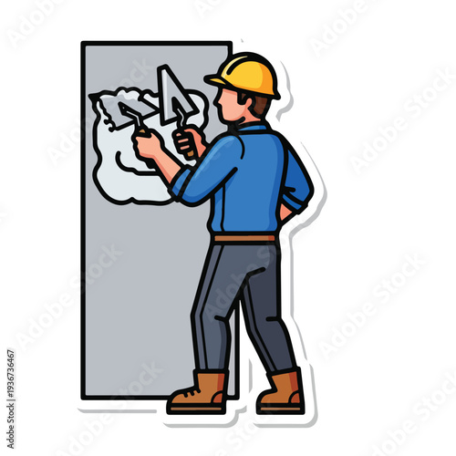 Man in hard hat creating illustration on graphic tablet with stylus