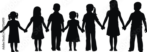 Children silhouettes holding hands in unity, diverse group of kids standing together, vector illustration symbolizing friendship and community.