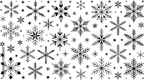 Black snowflake designs with diverse geometric patterns, winter-themed vector icons for seasonal decoration, symmetry artwork, and educational crystallography projects.