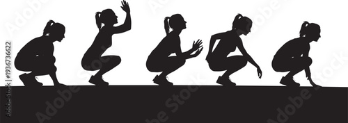 Woman squat exercise sequence silhouette, female fitness workout movement steps demonstrating strength training and healthy lifestyle routine