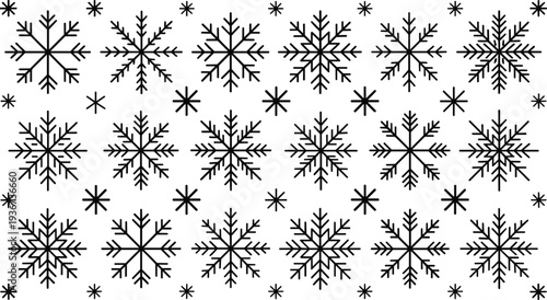 Snowflake pattern collection with diverse symmetrical designs, winter-themed vector icons for decoration, seasonal artwork, and educational geometry projects.