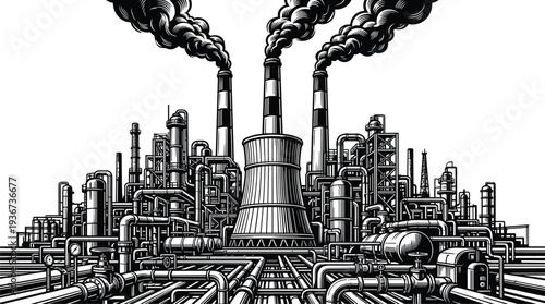 industrial factory power plant illustration, heavy industry refinery with smokestacks pipes machinery, energy production engineering vector design