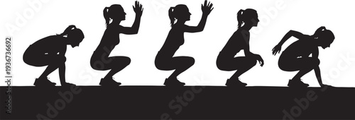 Woman squat exercise silhouette sequence set, female fitness workout training movement isolated vector illustration collection