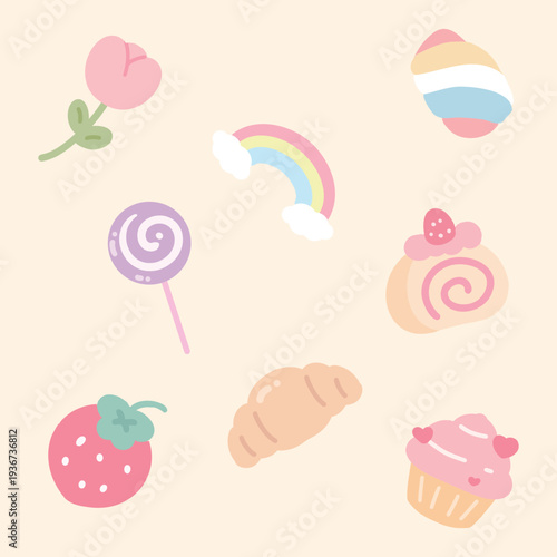 Cute Kawaii Pastel Doodle Set: Flower, Rainbow, Sweets And Treats