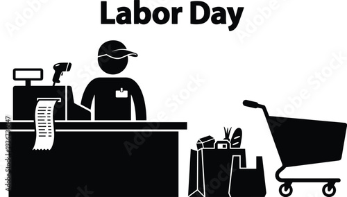 Labor Day retail worker and shopping concept, cashier at store counter with grocery bags and cart celebrating workers