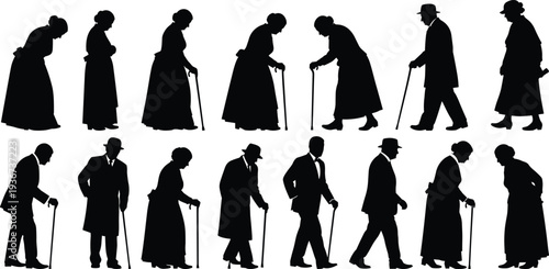 Elderly people silhouettes collection with senior men and women walking with cane vector illustration representing aging, retirement, healthcare and old age concept