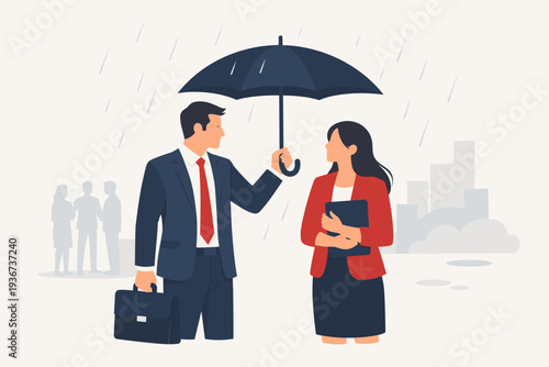 Businessman Holding Umbrella to Protect Businesswoman from Rain, Concept of Leadership, Team Support, Altruism, and Professional Care. Gentleman Helping Colleague for Corporate Success Vector.