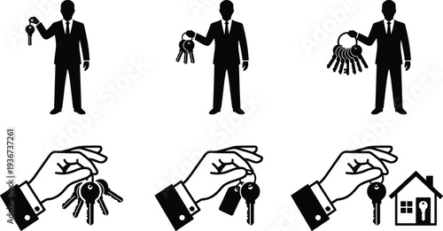 real estate agent holding house keys silhouette, property ownership home key handover business concept vector illustration set