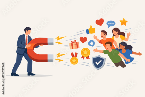 Businessman holding a giant magnet attracting happy customers and social media icons like hearts, likes, stars, and gifts. Concept of brand engagement, customer loyalty, and digital marketing.