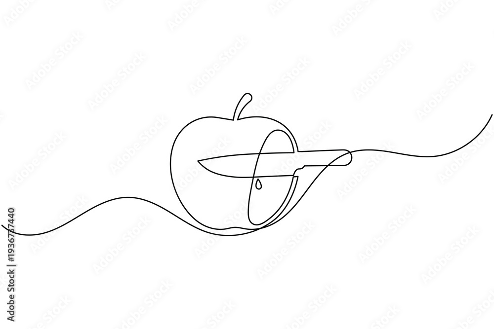 Fototapeta premium Apple with knife continuous one line drawing minimalist fruit cutting outline vector illustration