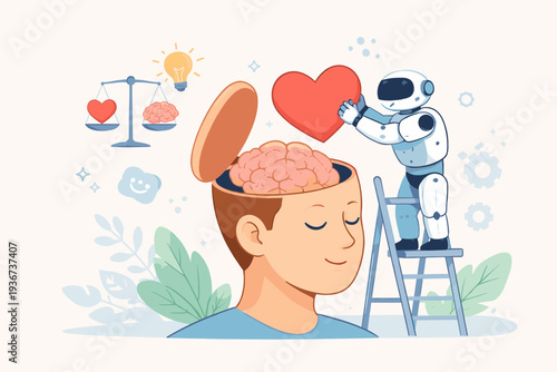 Emotional Intelligence and Mental Health Concept with Robot Placing Heart into Human Brain, Representing Empathy, Self-Awareness, and Balance Between Logic and Emotions in Modern Technology Era.