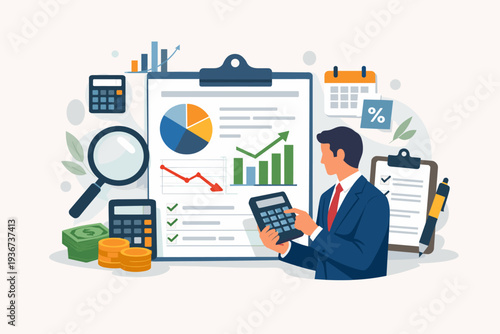 Businessman calculating financial statement with charts and graphs, accounting report for tax audit, budget planning with money and calculator, profit and loss analysis, business data visualization