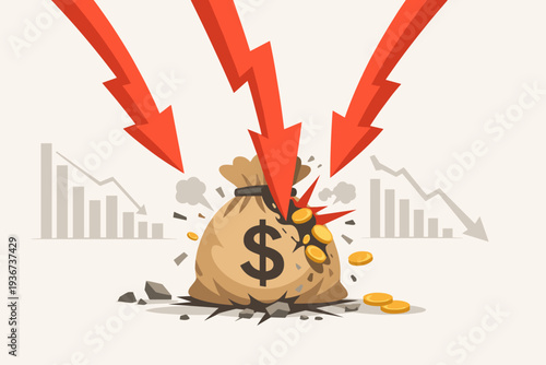 Financial Crisis and Economic Downturn Concept with Red Arrows Striking a Money Bag Causing Capital Loss and Stock Market Crash, Investment Risk, Devaluation of Currency and Global Recession.