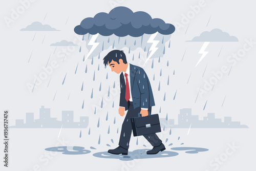 Depressed Businessman Walking in Heavy Rain Under a Dark Storm Cloud with Lightning, Concept of Failure, Professional Burnout, Mental Health Struggle, Sadness, and Bad Luck in Corporate Career.
