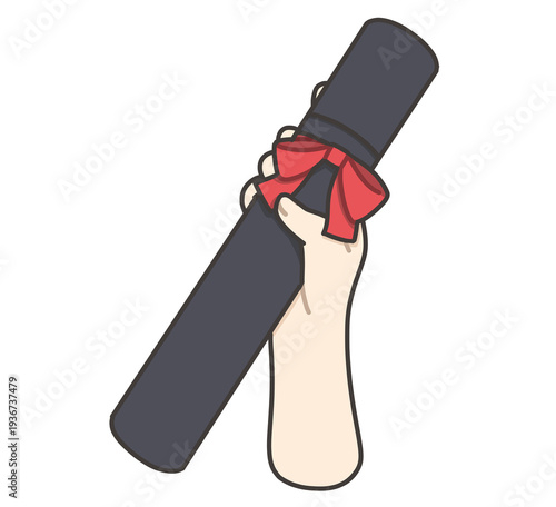 Obraz na płótnie 赤いリボンのついた筒の卒業証書を持つ右手/Right Hand Holding Graduation Diploma with Red Ribbon Illus