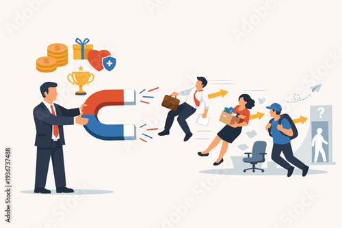 Businessman Holding Large Magnet to Attract and Retain Talented Employees with Incentives like Money, Health Insurance, and Rewards to Reduce Resignation Rate and Build Strong Staff Loyalty