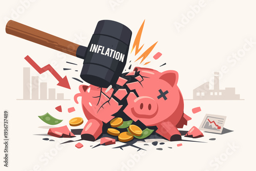 Inflation Hammer Smashing Piggy Bank Symbolizing Economic Recession, Financial Crisis, and Loss of Personal Savings. Stock Market Crash with Downward Arrow and Decreasing Money Value Illustration.