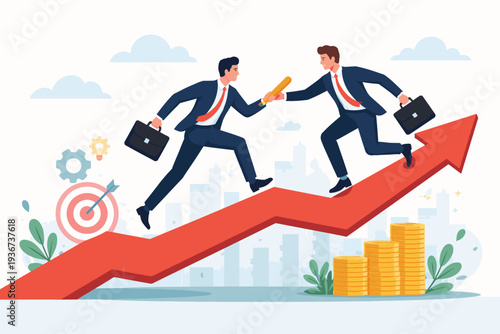 Business partnership and teamwork for success concept with businessmen passing baton on upward growth arrow. Professional cooperation, leadership transition, and team achievement illustration.